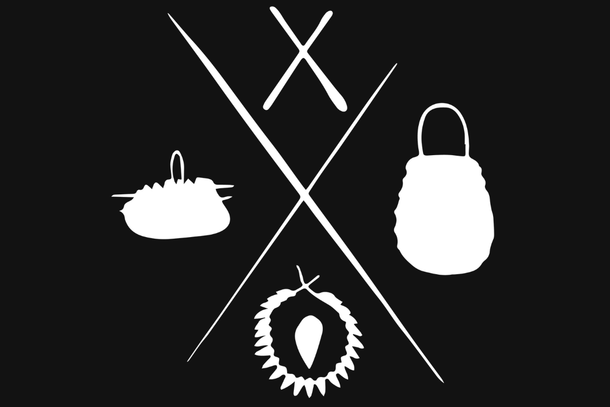 Abstract white icons and crossed lines on black background.